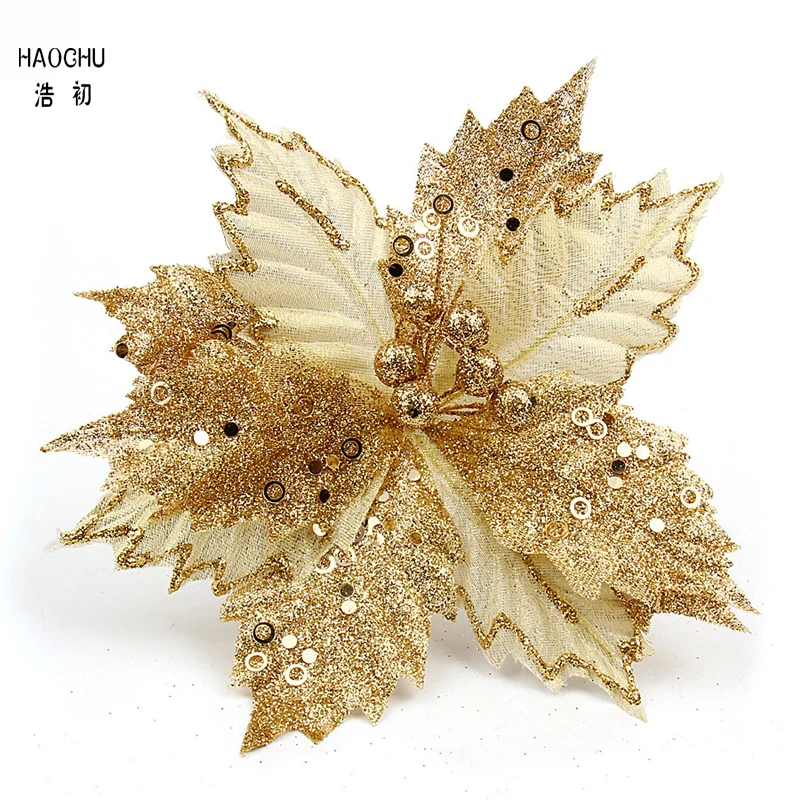 Haochu 5pcs/lot 22cm Christmas Flower With Small Ball Fake Flower Plastic Dusting Round Sequins