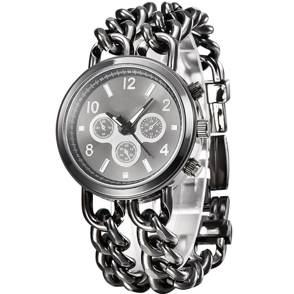 

Fashion Women Round Stainless Steel Double Chain Band Analog Quartz Wrist Watch relogio feminino