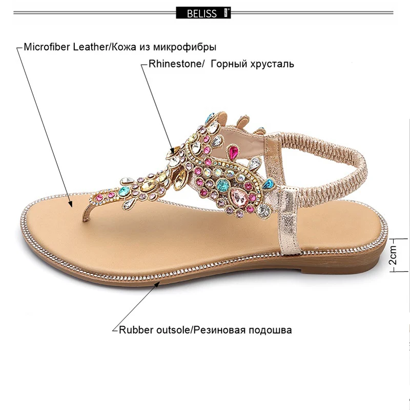 BELISS/ женские босоножки на плоской подошве модная женская обувь с Т-образным ремешком Стразы Летние босоножки на плоской подошве с открытым носком женские Вьетнамки S66
