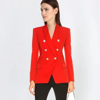 

High Quality Fashion 2018 Design Blazer Women Long Sleeve Double Breasted Blazer Solid Metal Buttons Long Blazer