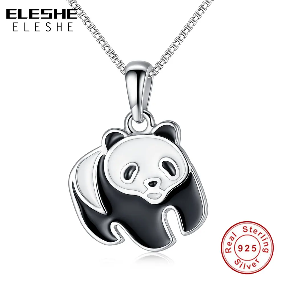

ELESHE Cute 100% Real 925 Sterling Silver Necklace Black White Enamel Panda Necklaces & Pendants Women Jewelry