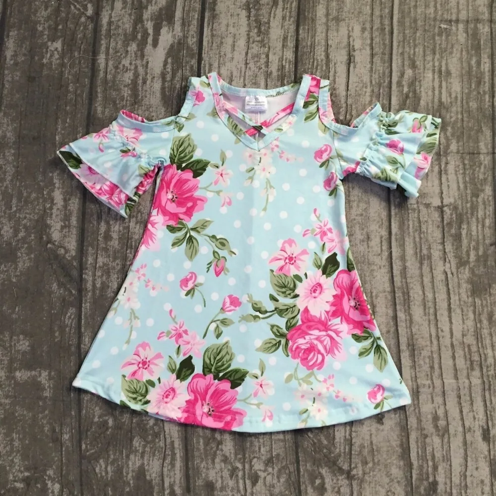 

1 piece hot pink flower mint white dot bare shoulder dress baby girls kids wear dress Summer outfit boutique clothing hot sell