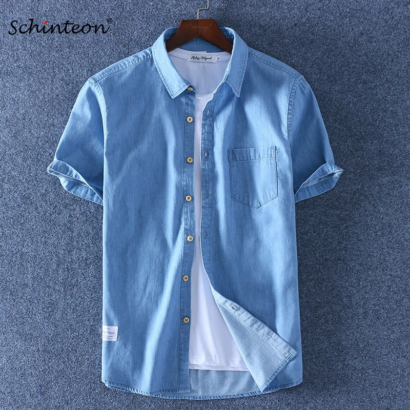 

2019 Schinteon Summer Men 100% Cotton Shirt Short Sleeve Thin Slim Casual Denim Slub Cotton Comfortable Shirt New Arrival