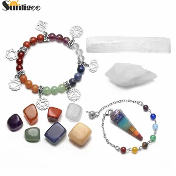 

Sunligoo Healing Crystal Kit 7 Tumbled Stones&Selenite Stick&Clear Quartz Cluster Geode&Chakra Pendulum&Chakra Charms Bracelet