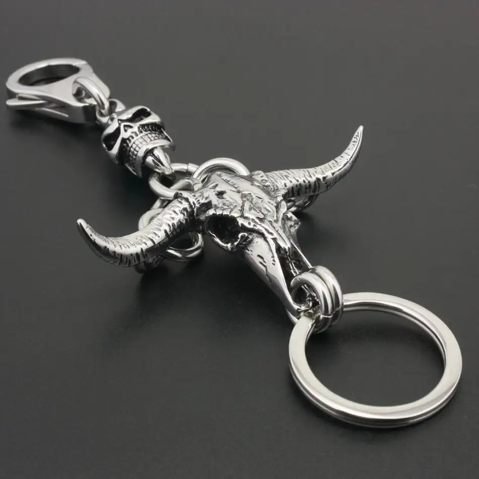 

LINSION Unique Minotaur KeyRing 316L Stainless Steel Skull Mens Biker Rocker Keychain 4R020KC 3P3