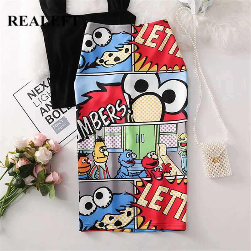 

REALEFT Women Cartoon Printed Pencil Sexy Wrap Skirts New Arrival High Street High Waist Knee-Length Sheath Bodycon Midi Skirts