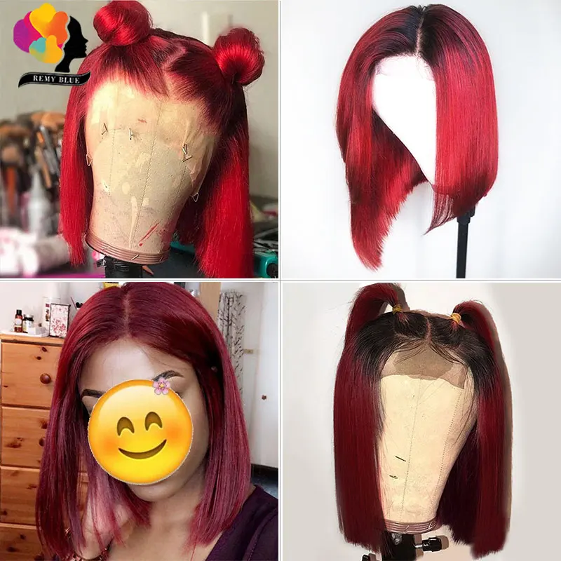 Remyblue 13X4 Короткие парики из человеческих волос с кружевом спереди T1B 99J Омбре красное вино цветной парик бразильские прямые волосы Реми 150% Плотность