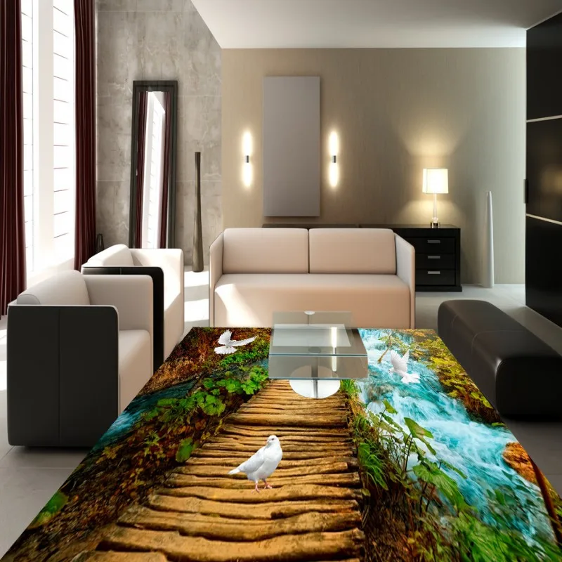 

Free Shipping 3D Valley Waterfall Wood Plank Brick flooring painting aisle courtyard decorative self-adhesive floor mural
