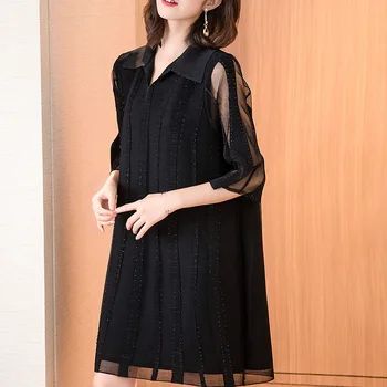 

2019 Spring and Summer New Loose Large Size Fashion Mesh Beaded Solid Color A Line Hollow Out Dress
