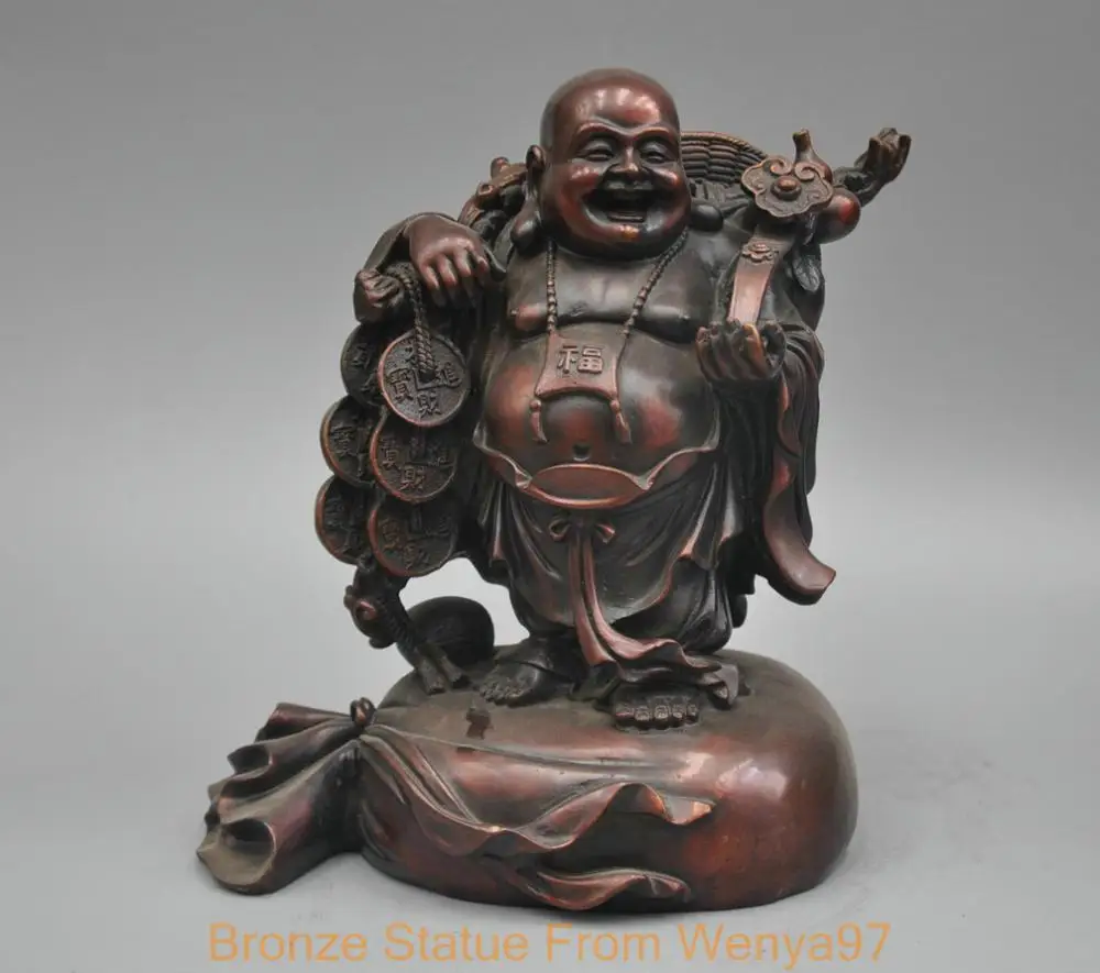 

SS 10'' China Happy Maitreya Laughing Buddha Stand On Money Bag Bronze Statue