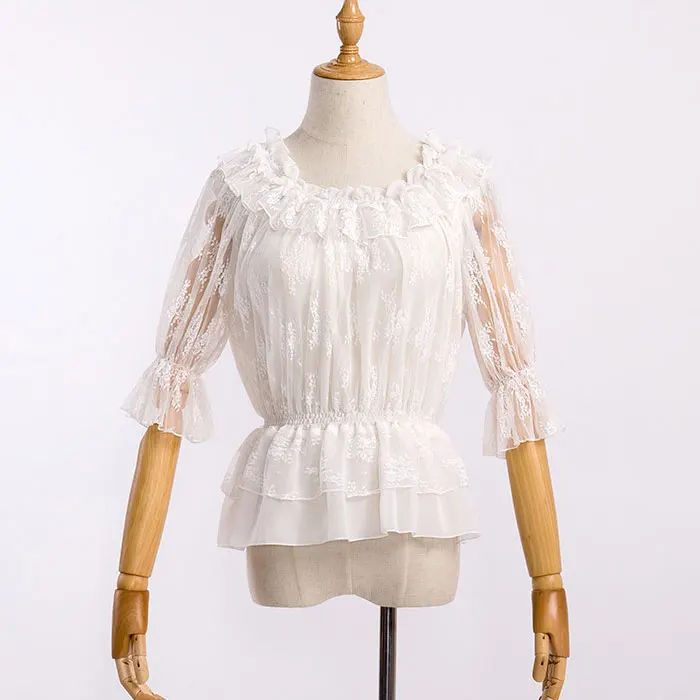 

2019 Women's Lace Peplum Top Black/White Sheer Sleeve Ruffled Blouse