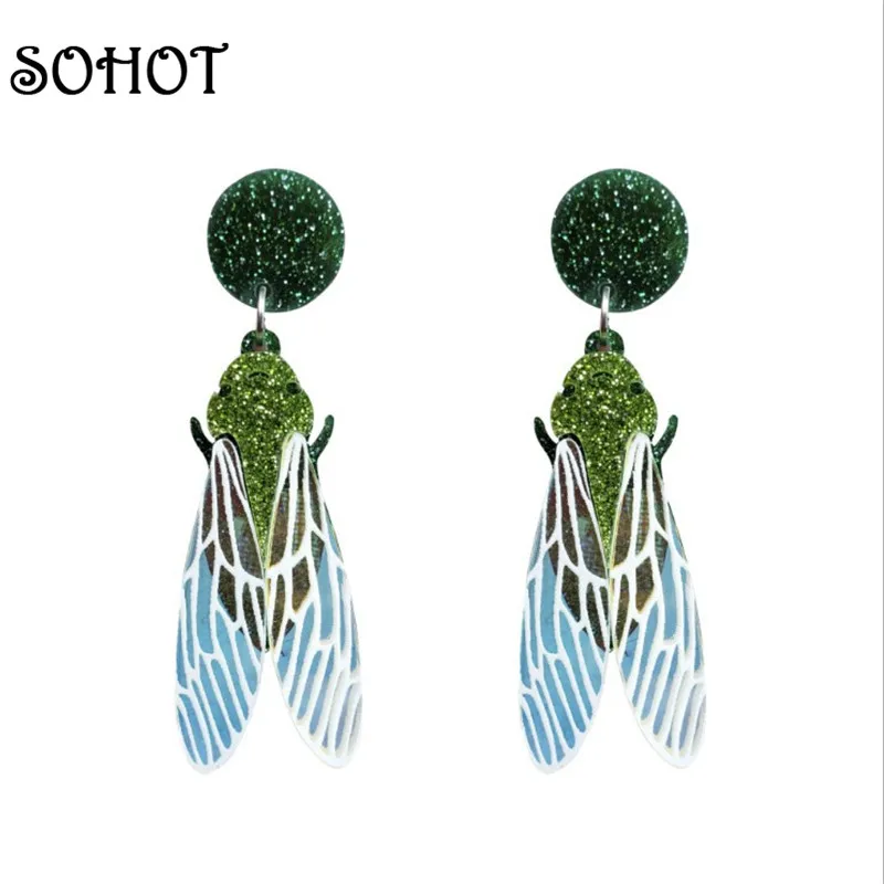 

SOHOT Creatived Animal Cicada Shape Colorful Hyperbole Women Drop Earrings New Tide Cute Charming Brand Lady Party Jewelry Gifts