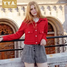 Брендовая Новинка, Женская шерстяная куртка с карманами, однотонная красная Офисная Женская короткая куртка, осенняя куртка для женщин, уличная верхняя одежда для женщин