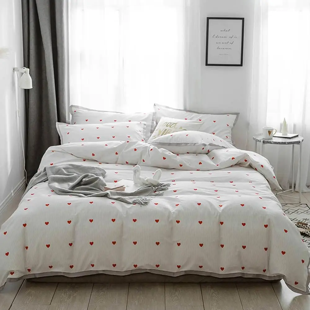 

2019 INS Simple Red Hearts White Bed Cover Duvet Cover Set Cotton Bedding Set Bedlinens Twin Queen King Flat Sheet Fitted Sheet
