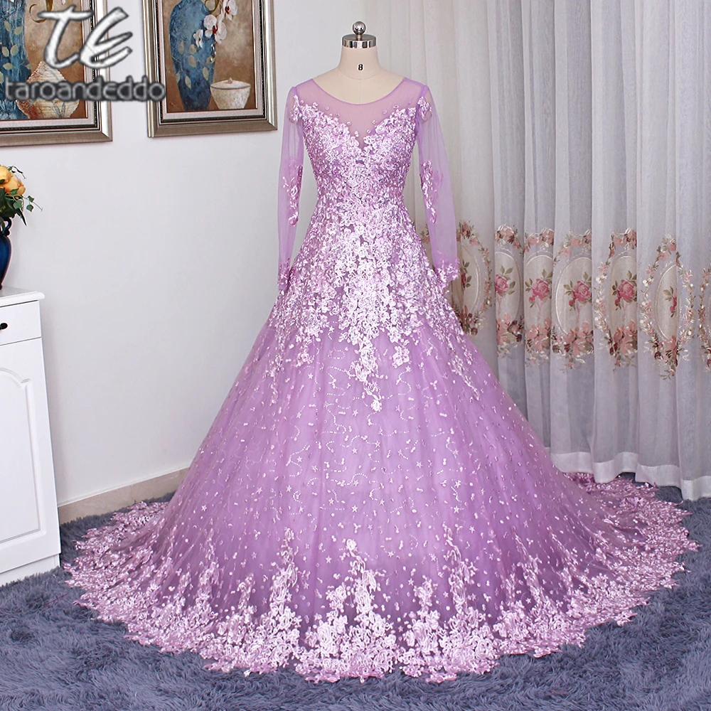 Snow Tulle Half Sleeves Sheer High Quality Lace Lilac Wedding Dress 444