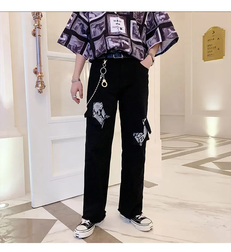 Мужские джинсы 2019 летние новые металлические рваные джинсы с леопардовым принтом свободные широкие джинсовые штаны модная Молодежная