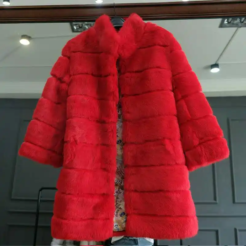 Женская Шуба из натурального кроличьего меха с воротником стойкой|real fur coat|rabbit