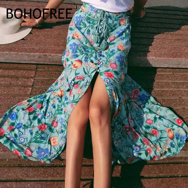 

BOHOFREE Dancer Maxi Skirts Femme Button Diwn Holiday Beach Skirt Female Summer Faldas Women Casual Saias Boho Chic Skirt New
