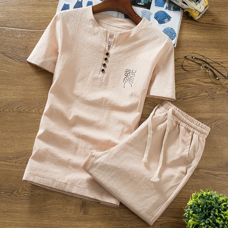 

summer men's linen short-sleeved T-shirt casual sports suit large size solid color shorts casual men's T-shirt shorts set 2 sets