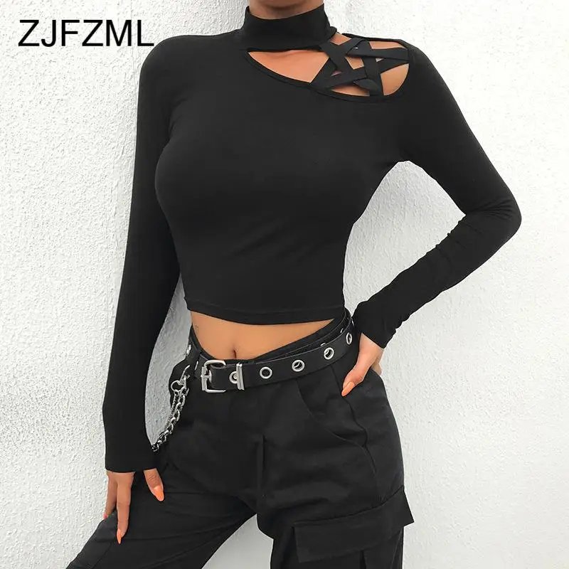 

Star Pattern Hollow Out Harajuku Kawaii T Shirt Cotton 2019 Women Long Sleeve Sexy Black Crop Top Korean Turtleneck Shirts