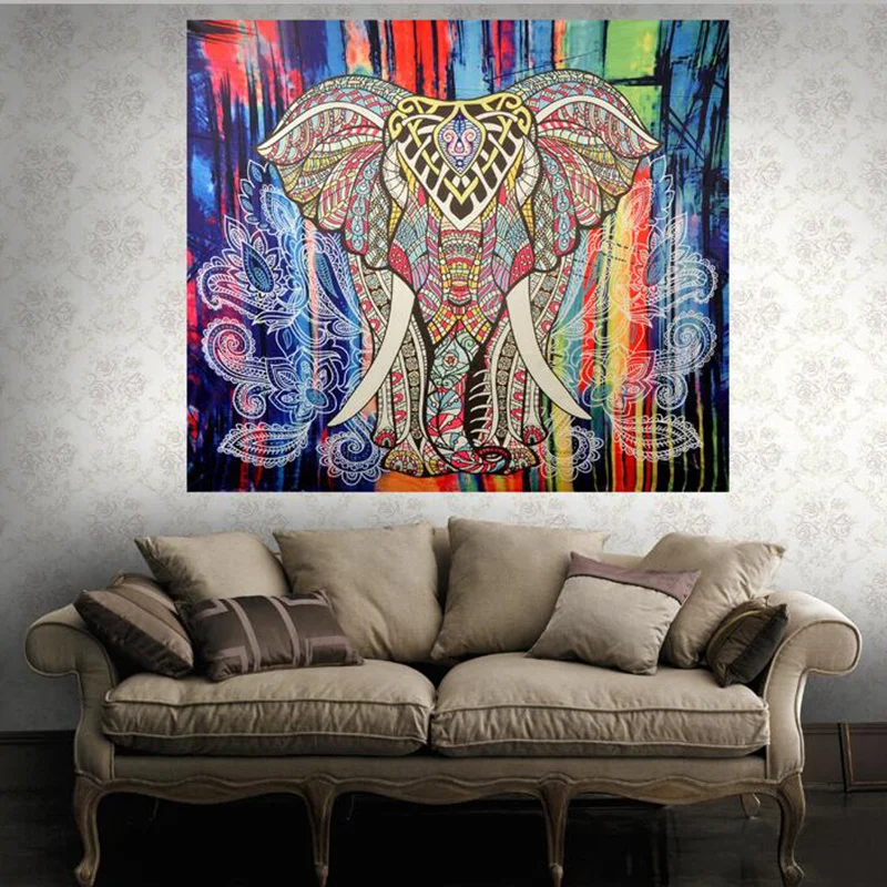 

Wongsbedding Elephant Tapestry Colored Printed Decorative Mandala Tapestry Indian 150cmx130cm 150cmx210cm Boho Wall Carpet