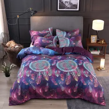 

BEST.WENSD Purple Wind chime duvet cover +pillowcase Boho Feathers Bedclothes 2-3pcs Bed Set Super Soft Bohemian Home Textiles