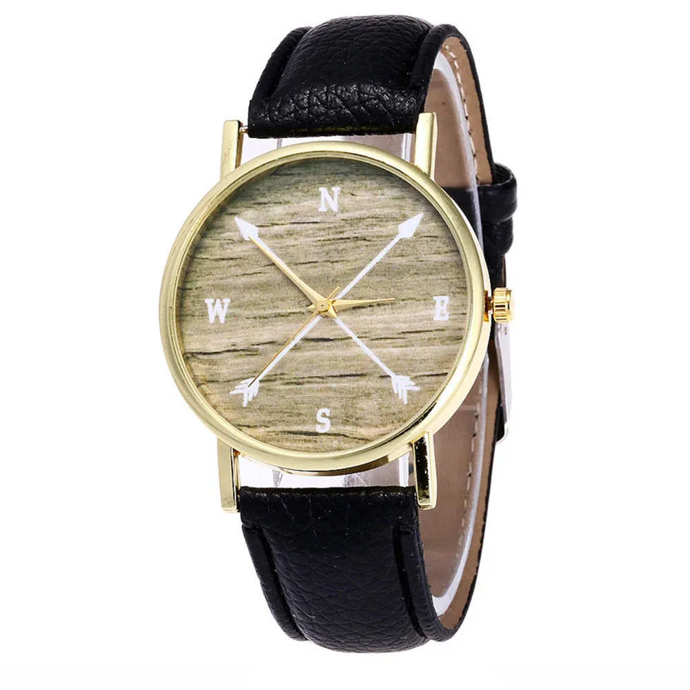 

Fashion Women Ladies Watches Wooden Dial Arrow And Direction Element Candy Color Gold Case Leather Strap Quartz Wrist Watch