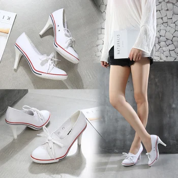 

2019 Pumps Denim High Quality Shallow Mouth Women's Shoes High Heel 8CM Canvas Student Shoes Women New Board shoes size 34-41