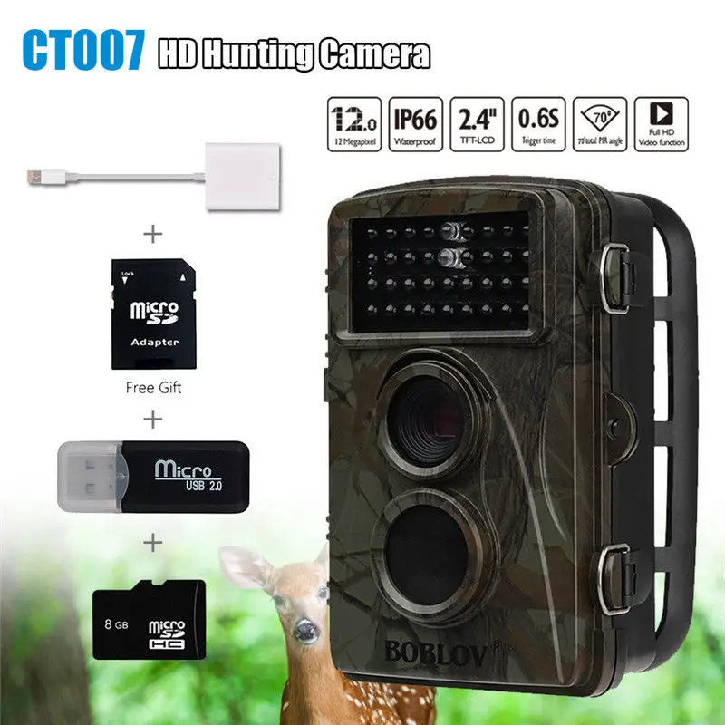 BOBLOV CT007 1080P HD 12MP 8GB Hunting Scouting Trail Camera Game Wildlife IR LED Night Vision w/2in1 Lightning SD Reader Cable