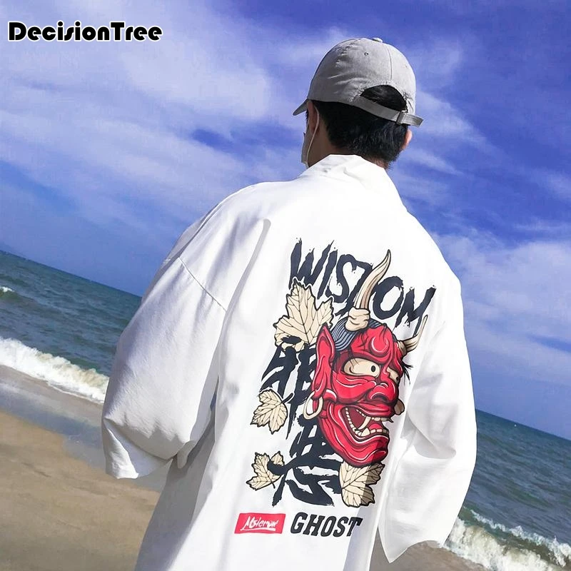 2019 summer japanese printing cotton linen male long sleeve kimono men kimono cardigan black sunscreen coat men Windbreaker