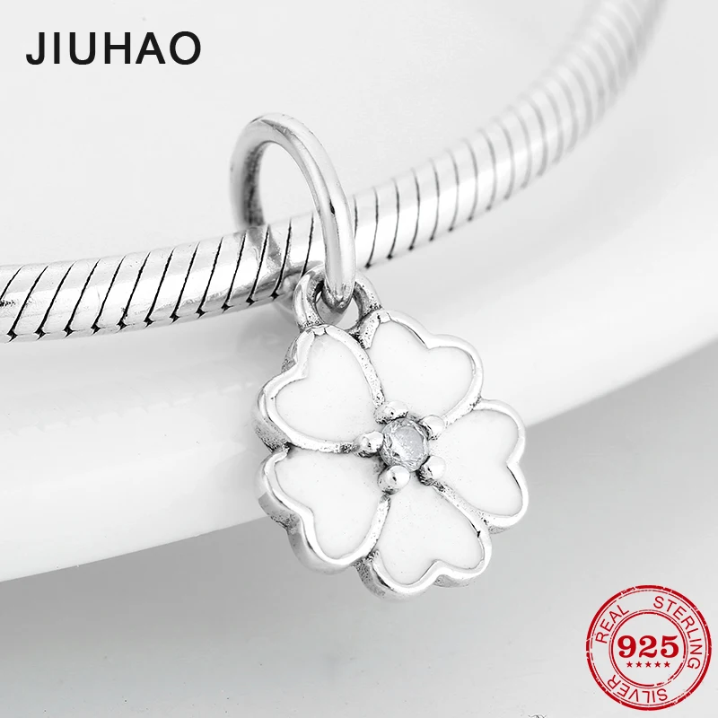 

White Spring Flowers 925 Sterling Silver Heart charms Pendants Fit Original Pandora Charm Bracelet Jewelry making 2018