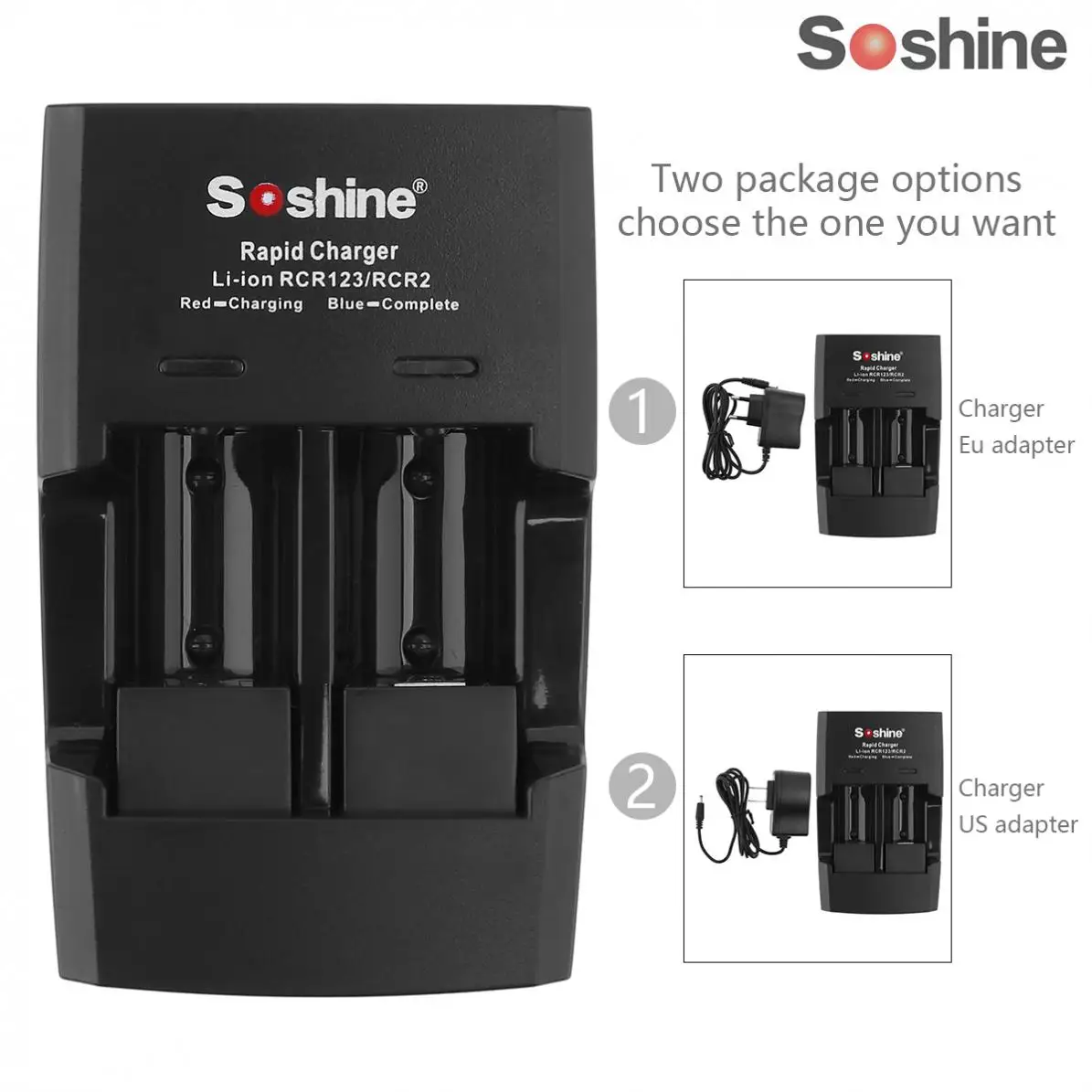 

Soshine 2 Slots Li-ion RCR123 / RCR2 Rapid Battery Smart Charger with LED Indicator for 14250 / CR2 / 16340 / 17335 Battery