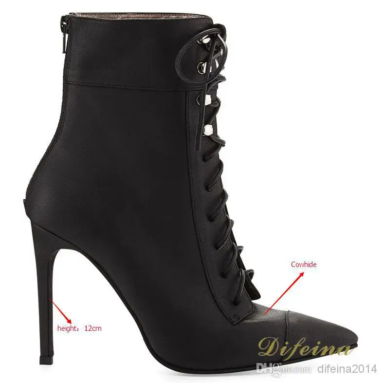 

Women Fashion Boots Winter Boots Mid-Calf Solid Lace-Up Women Boots Pointed Toe Thin High Heels Genuine Leather Shoes Woman