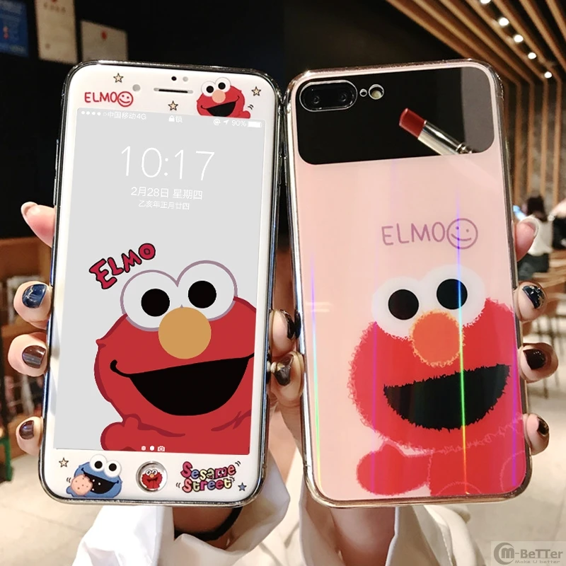 

For iPhone XS MAX/XR case 6 6s 7/8 plus tempered glass cover make-up mirror sesame street ELMO + screen protector phone holder