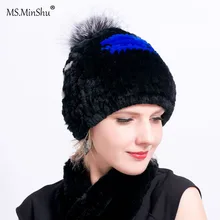 Утепленные натуральная меховая шапка ручной вязки кролика рекс меховая шапка с помпонами эластичные меховая шапка для Для женщин зимние Кепки головы теплая вязаная шапка Hat