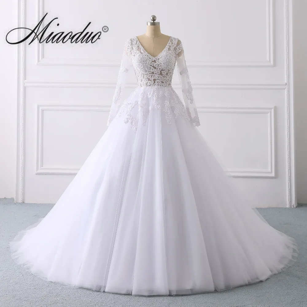 

Miaoduo Wedding Dress with Long Sleeves Bride Dress Appliques Lace Sexy Open Back Women's Luxury vestido de noiva wedding gowns