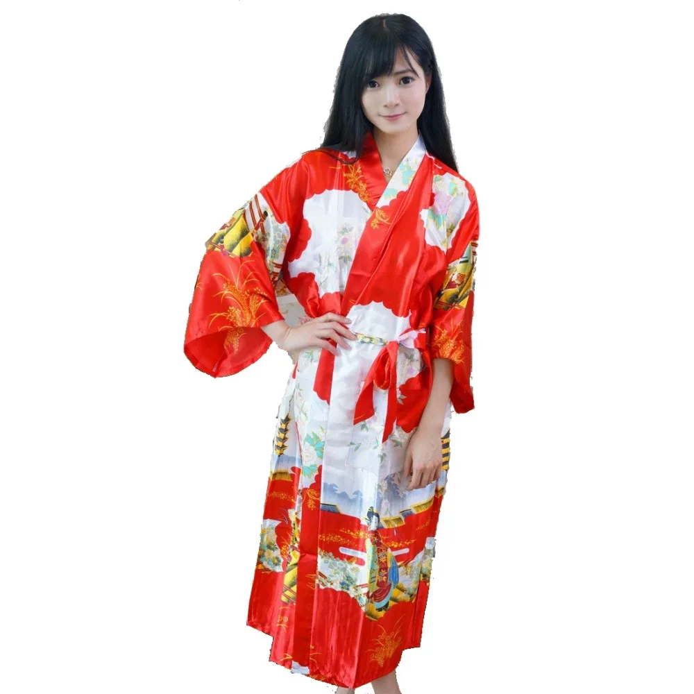 Hot New Red Japanese Women Kimono Bath Gown Long Silk