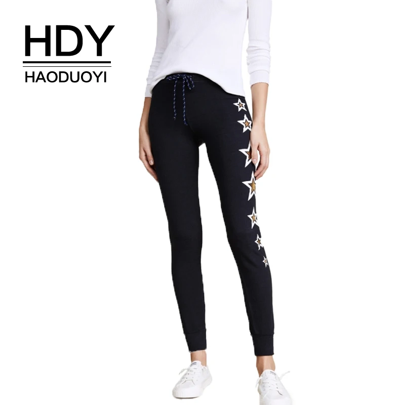 

HDY Haoduoyi Brand Women Stars Printed Black Casual Pants Lace Up Waist Mid Rise Female Drawstring Skinny Trousers Lady