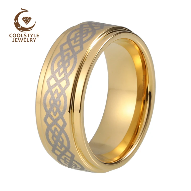 

8mm Yellow Gold Color High Polish With Laser Engraved Celtic Knot Pattern Tungsten Carbide Wedding Band