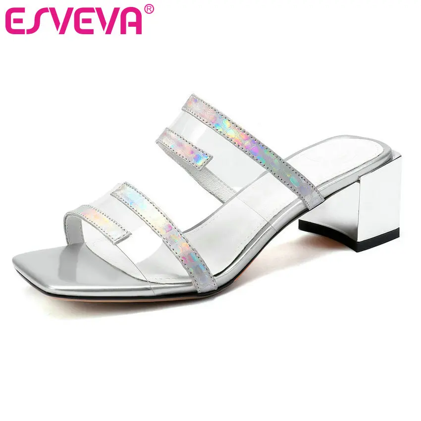 

ESVEVA 2019 Women Sandals Cow Leather+PU Summer Square Toe Transparent Platform Square Med Heel Women Pumps Size 34-42