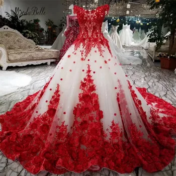 Online Modabelle Romantic Red Lace Flower Wedding Dress With 100cm Train Ball Gowns Luxuriant Bridal Dress Lace Up Robe De Mariage