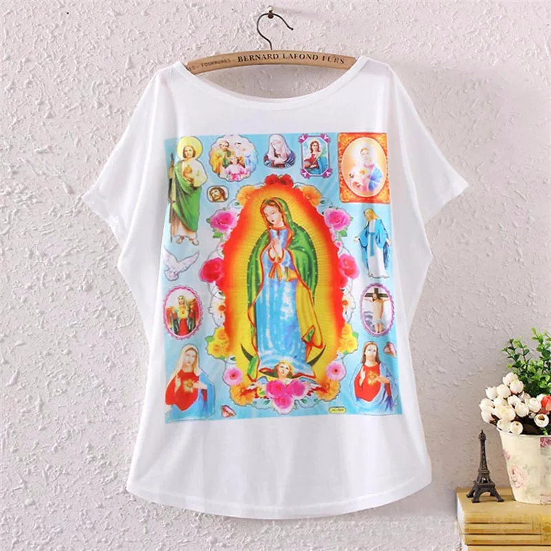 

2017 Brand New Polyester T-Shirt Women Short Sleeve t-shirts o-neck Causal Virgin Mary t shirt Summer top for women