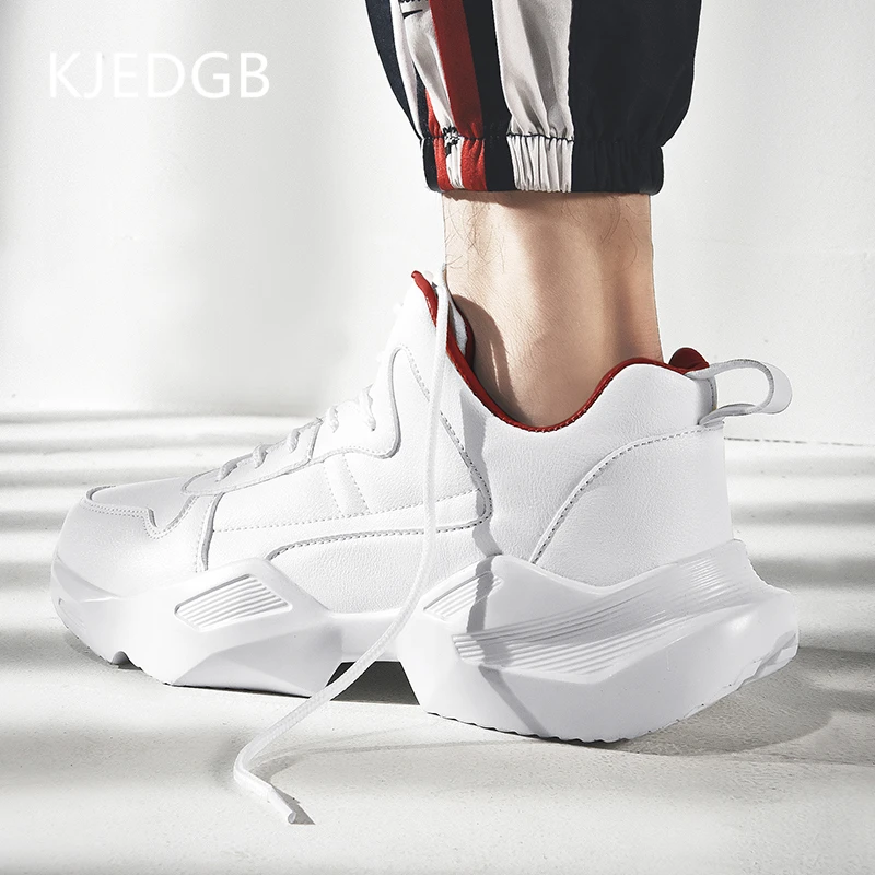 

KJEDGB 2019 Brand New PU Leather Men Casual Shoes Solid Black White Thick Sole Comfortable Shoes Man Platform Chunky Sneakers