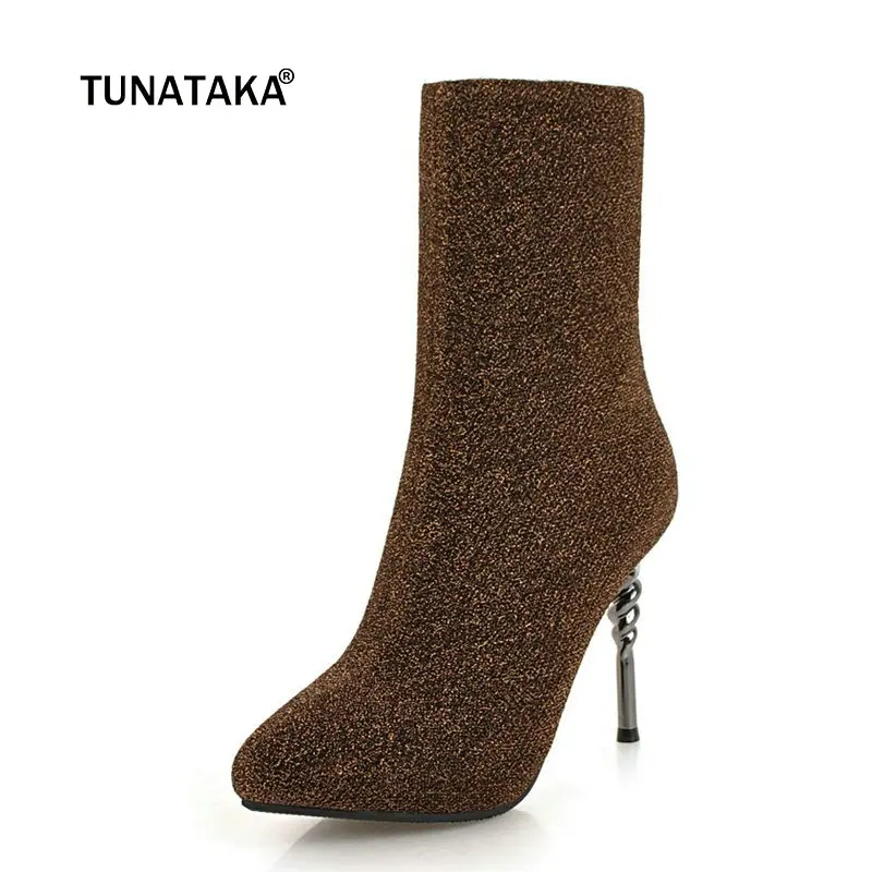 

Women Sequined Cloth Thin High Heel Ankle Boots Fashion Slip On Pointed Toe Warm Winter Bootie Black Silver Red