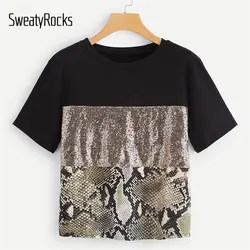 SweatyRocks контраст блесток змеиный принт Tee уличный с короткими рукавами модная футболка лето 2019 г. Повседневное гламурный для женщин топы