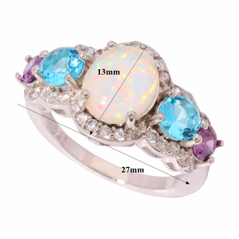 CiNily White Fire Opal Rpund Stone Rings Silver Plated Blue Purple CZ Large Full Crystal Filled Ring Party Jewelry Women Girls
