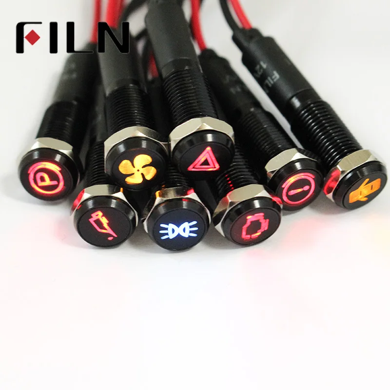 FILN 8mm black housing led red yellow white blue green 12v led indicator light with 20cm cable afbeelding