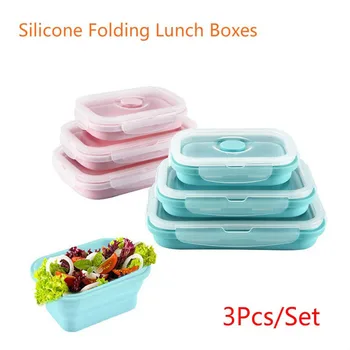 

3 Pcs Portable Candy Color Silicone Folding Bowl Lunch Box Food Storage Crisper Collapsible Tableware Bowl