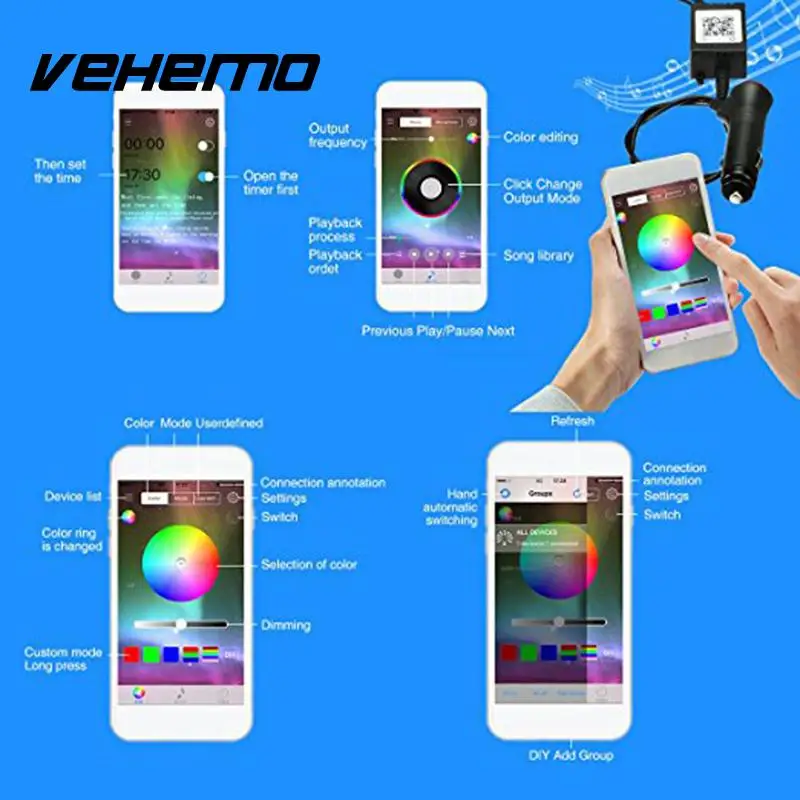 Vehemo RGB приложение супер яркий прочный светодио дный гирлянды СВЕТОДИОДНЫЕ домашний декор салона автомобиля огни полосы днища свет светодиодные ленты атмосфера лампа