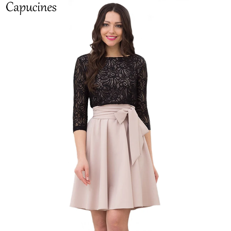 

Lace Patchwork Sashes Slim A-Line Dress Women 2019 Summer Casual Splicing O-Neck 3/4 Sleeves Dress Female Party Mini Dresses